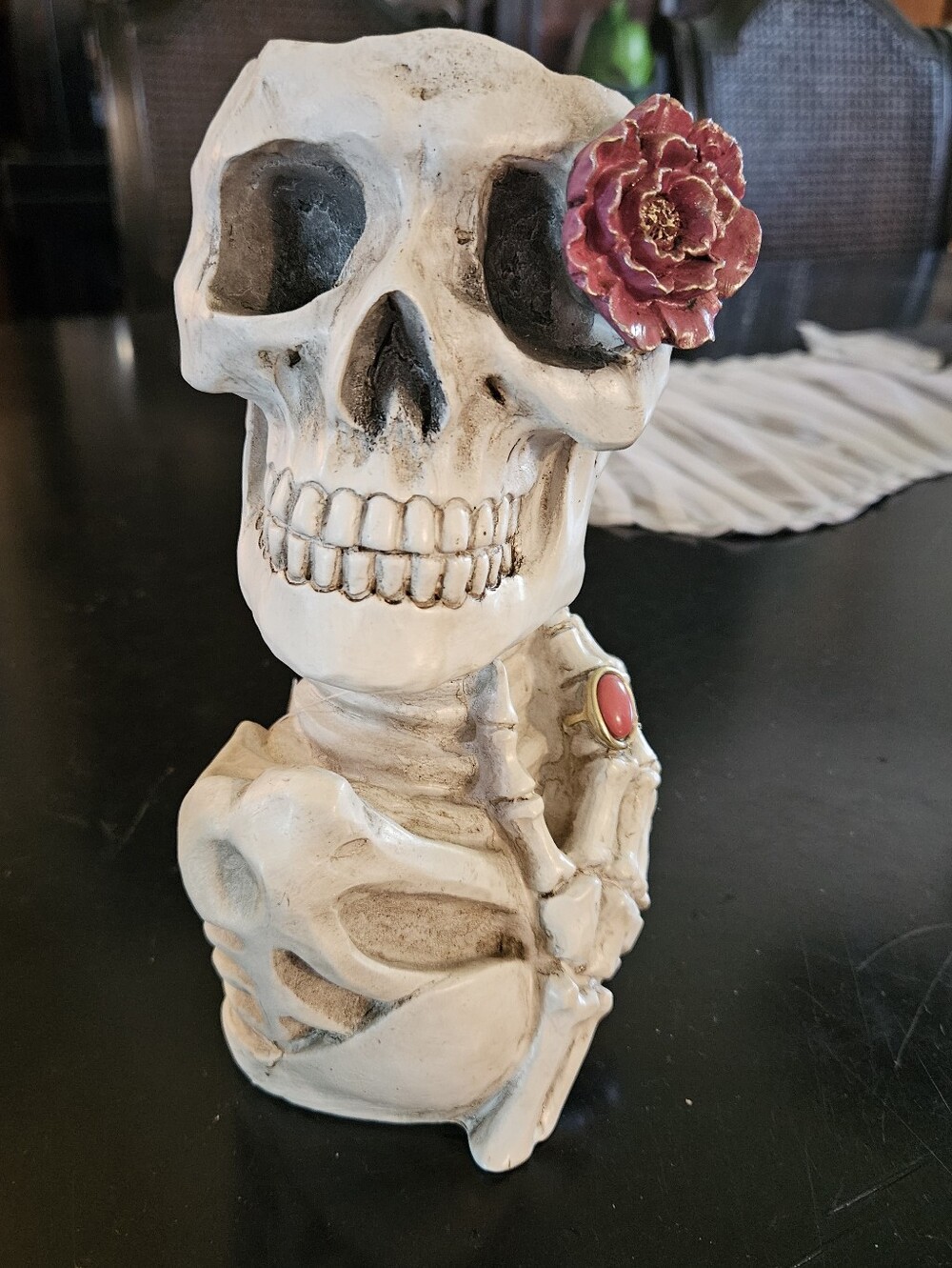 Gothic Skull Figurine with Red Rose Eye & Ring Dark Romance Skeleton Halloween